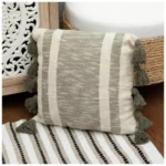 Cream & Green Woven Tassel Pillow